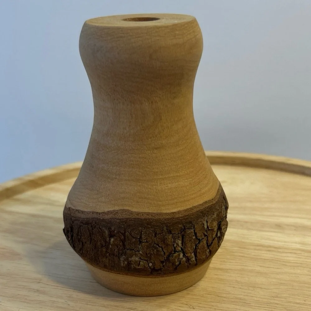 Handmade Live Edge Wood Bud Vase Turned Signed Natural Organic Rustic 5” Tall